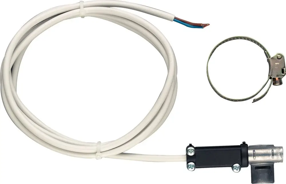 Vorlauftemperaturfühler von Bosch mit Kabel und Anschluss, einschließlich einer Montageklemme. Ideal für Regelungszubehör in Heizsystemen.